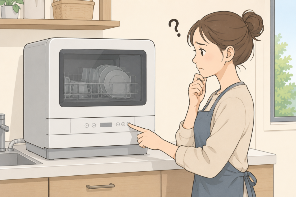 電源ボタンを押しても反応しない食洗機を見ながら、困った様子で確認している女性のイラスト