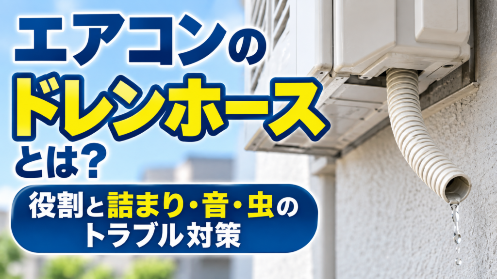 エアコンの室外機から伸びたドレンホースと、ホース先端から排水される水滴を示したイメージ画像