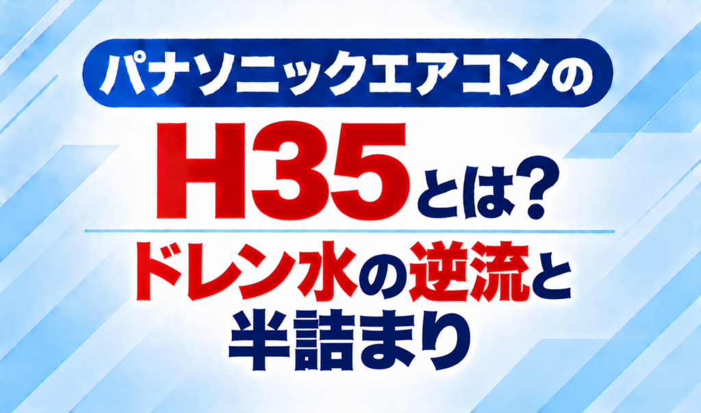 パナソニックエアコンのエラーコードH35と、ドレン水の逆流・半詰まりについて示した文字のみのサムネイル画像