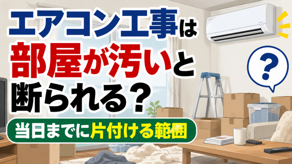 エアコン工事前に片付けが必要な範囲をイメージした、荷物のある室内とエアコンのイラスト