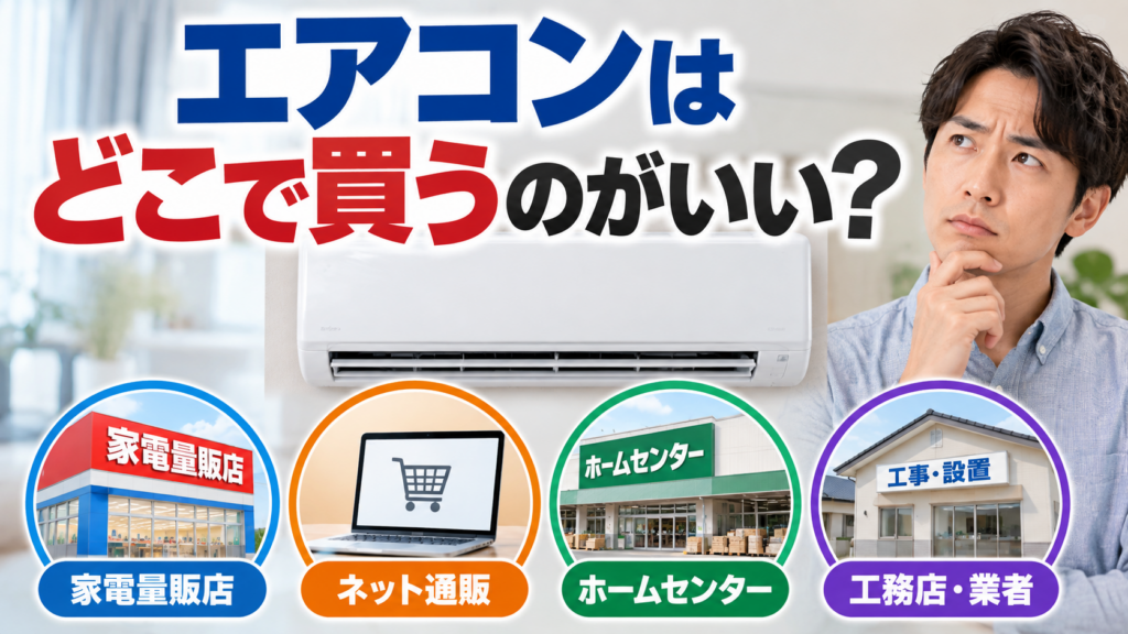 エアコンの購入場所として家電量販店・ネット通販・ホームセンター・工務店や業者を比較しながら悩む男性のイメージ