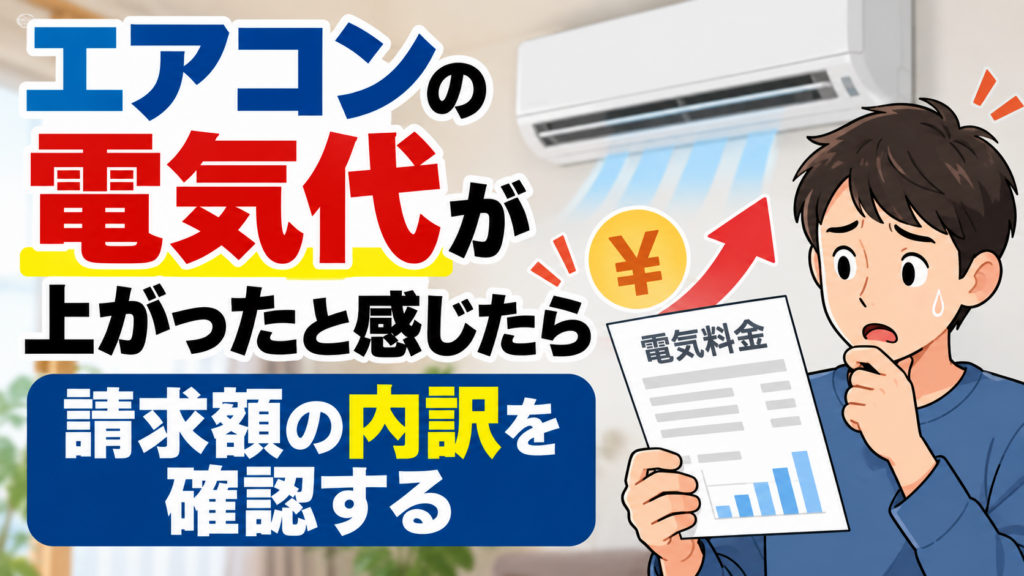 エアコンの電気代が上がったと感じ、電気料金の請求書の内訳を確認している男性のイラスト