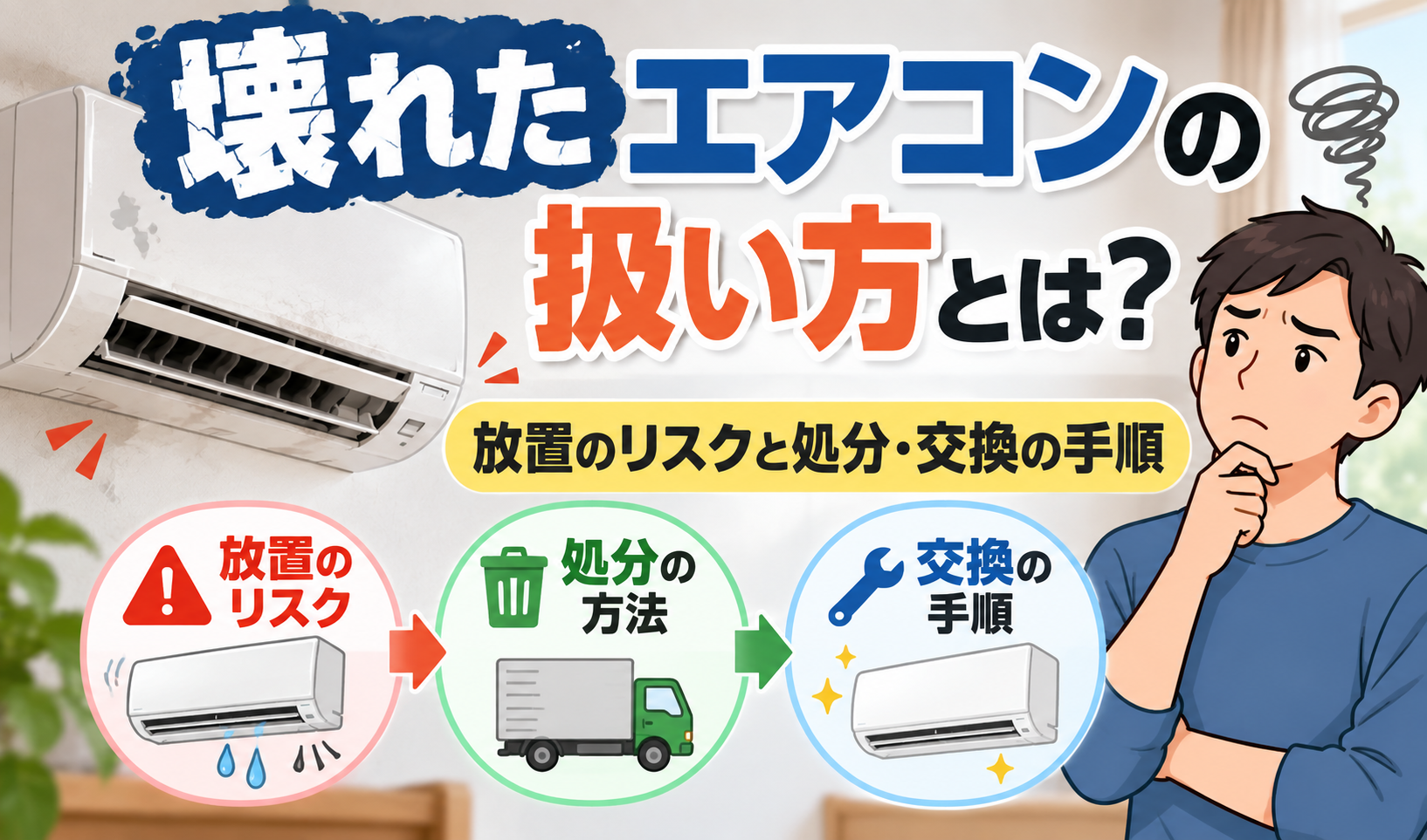 壊れたエアコンを前に、放置のリスクや処分・交換方法を考えている人物のサムネイル画像