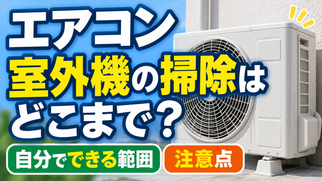エアコンの室外機と『室外機の掃除はどこまで？自分でできる範囲・注意点』の文字を配置したサムネイル画像