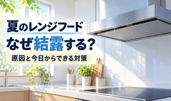 夏の明るいキッチンでレンジフードの表面や下面に結露の水滴がついているイラスト