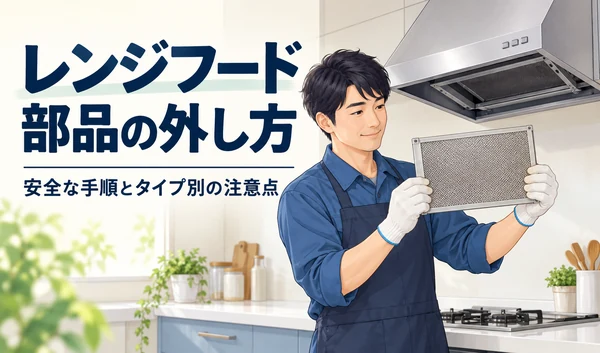 手袋を着けた男性が、レンジフードから外した金属フィルターを両手で支えているイラスト
