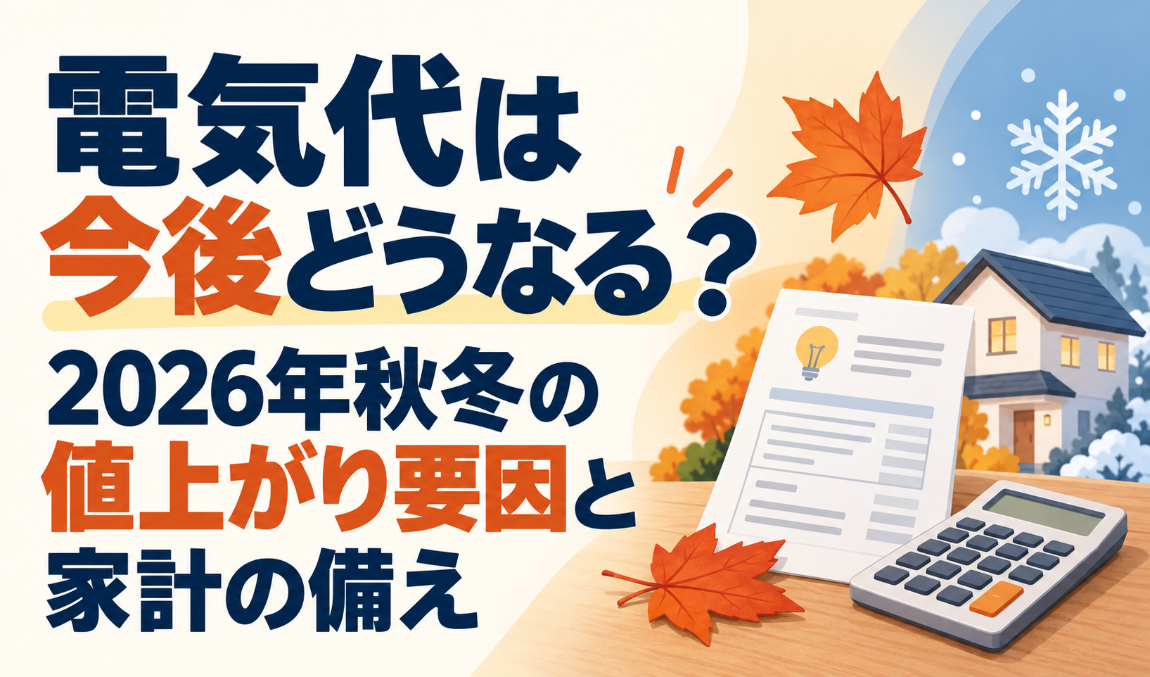 電気代の今後と2026年秋冬の値上がり要因・家計の備えを、請求書と電卓、住宅で表したサムネイル