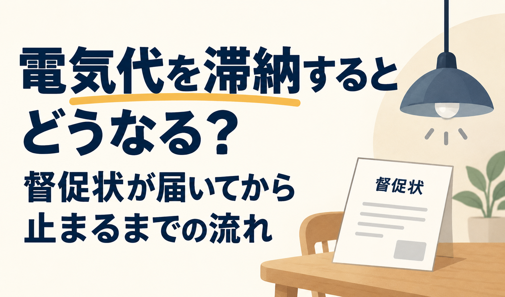電気代の滞納で督促状が届いてから電気が止まるまでの流れを紹介する、督促状と照明のイラスト入りサムネイル。