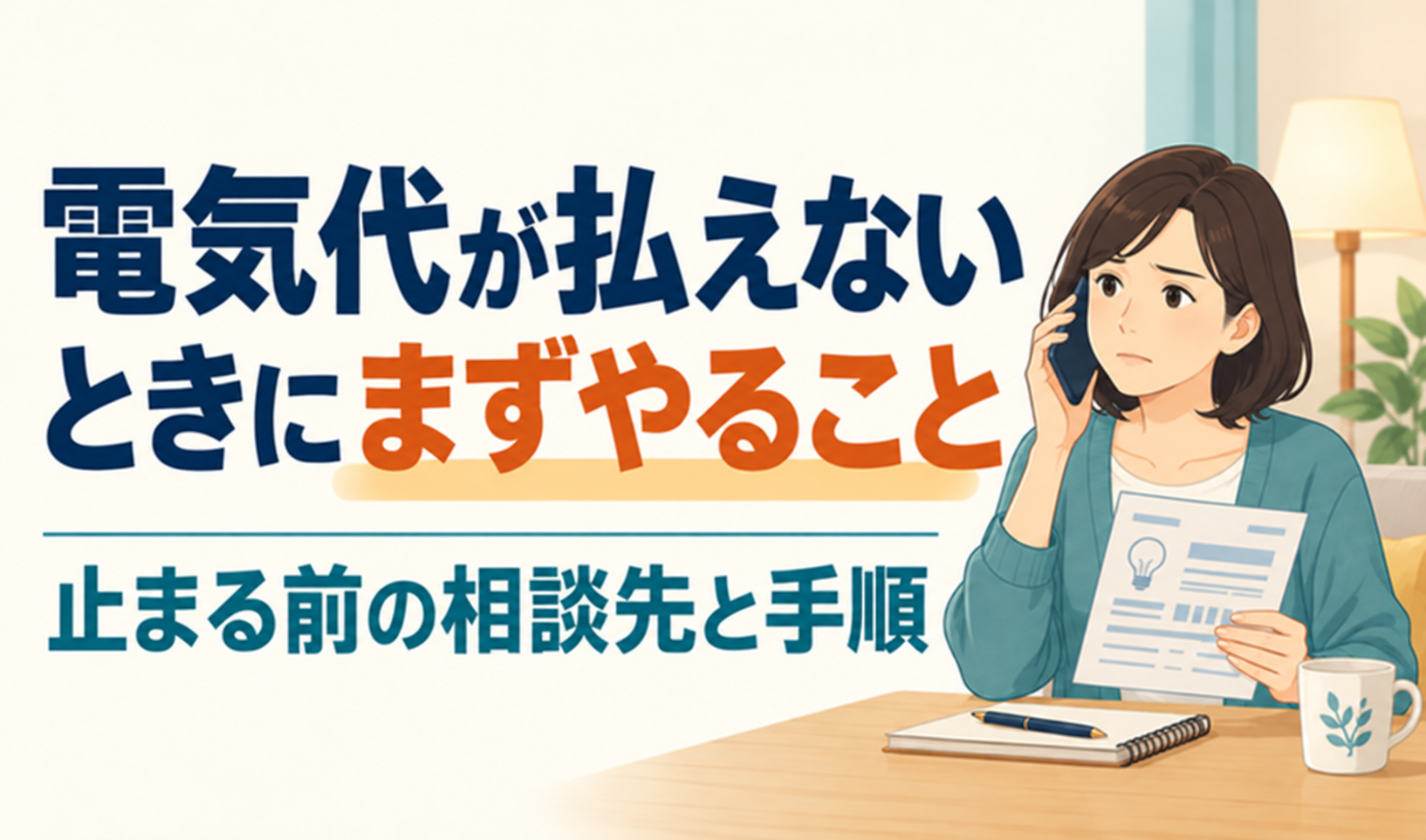電気代が払えないときにまずやることの見出しと、請求書を手に電話で相談する女性のイラスト