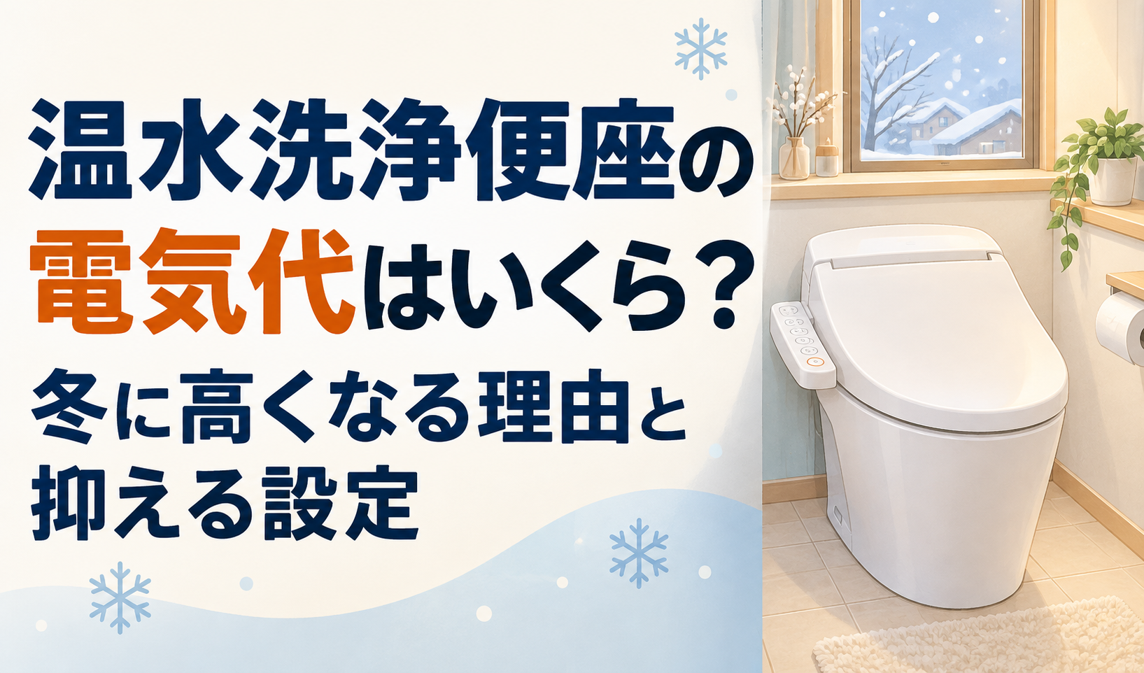 雪景色の窓と温水洗浄便座を描き、電気代が冬に高くなる理由と抑える設定を紹介するサムネイル。