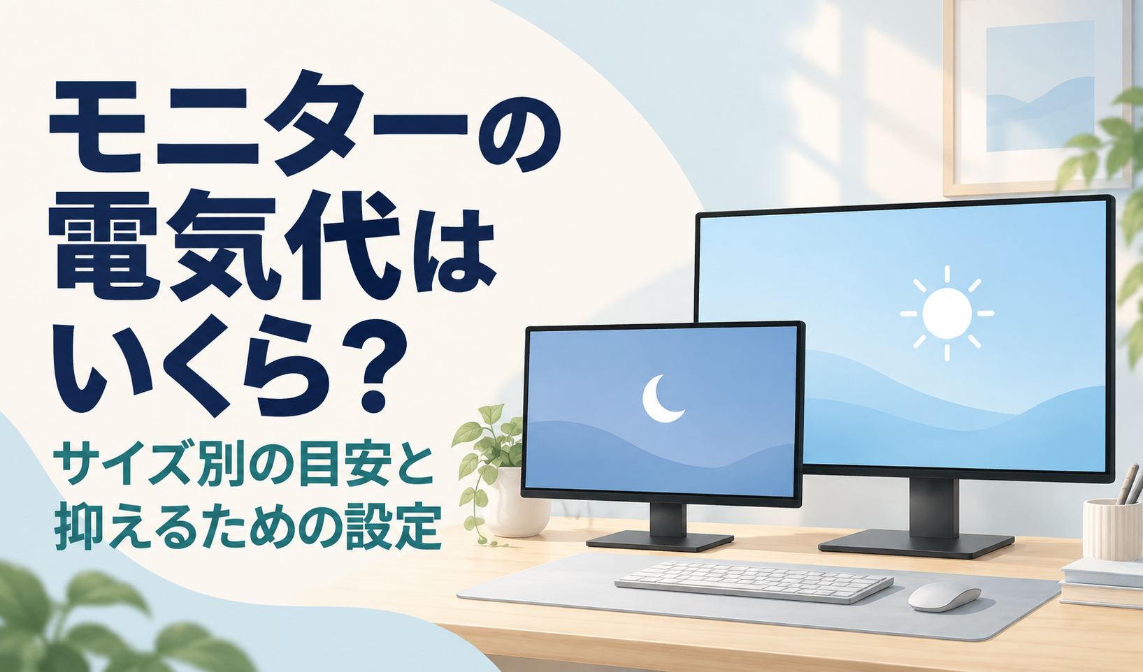 大小のモニターと、電気代のサイズ別目安や節電設定についての見出しを配置したサムネイル。