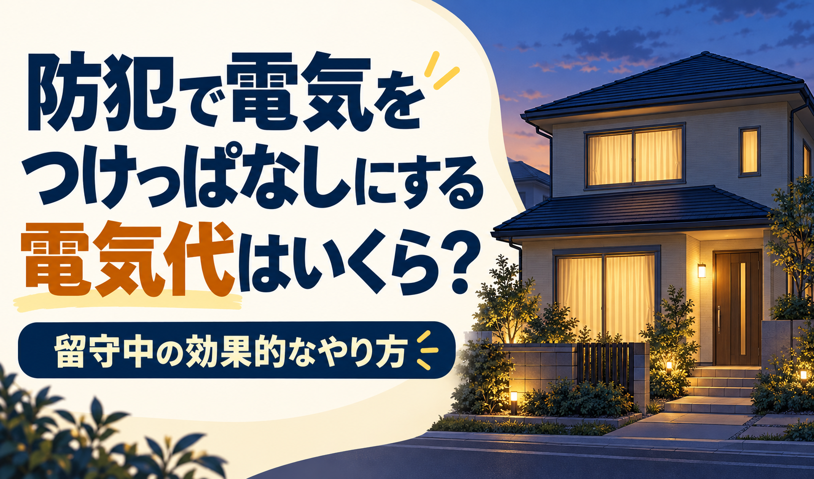 防犯のため照明をつけた夕暮れの住宅と、つけっぱなしの電気代を解説する見出し