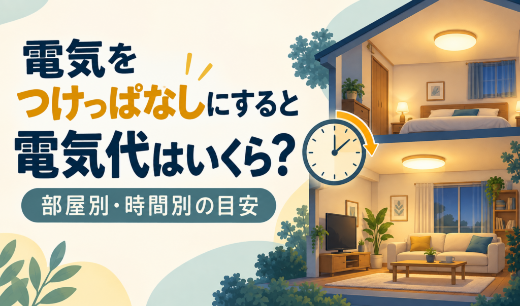 照明がついた寝室とリビング、時計を描いた、電気のつけっぱなしによる電気代の部屋別・時間別の目安を紹介するサムネイル。