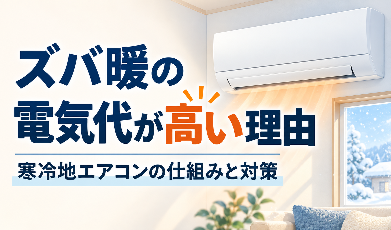 雪景色が見える室内で暖房するズバ暖と、電気代が高い理由・寒冷地エアコンの仕組みと対策の見出し