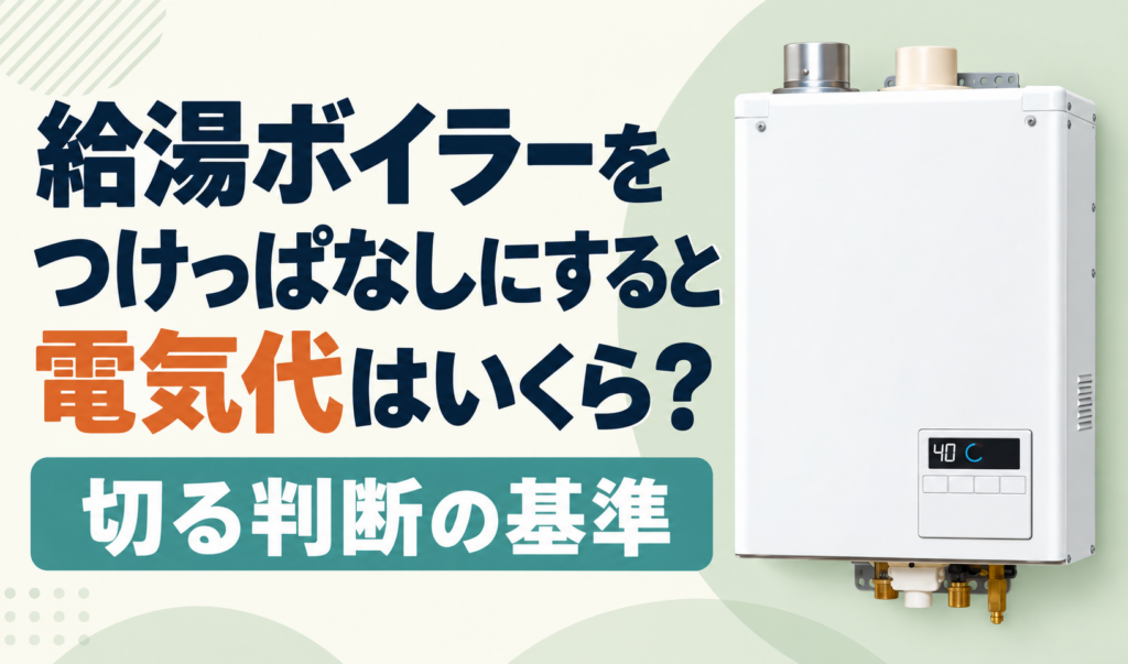 白い給湯ボイラーと、つけっぱなしの電気代・切る判断の基準を示したサムネイル