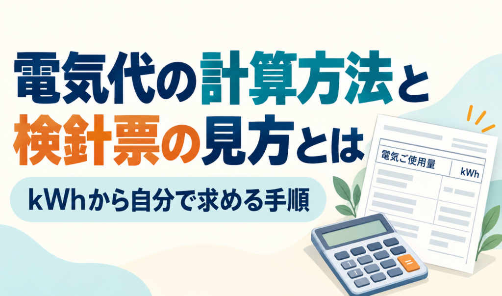 電気代の計算方法と検針票の見方を伝える見出しに、検針票と電卓を添えたイラスト。