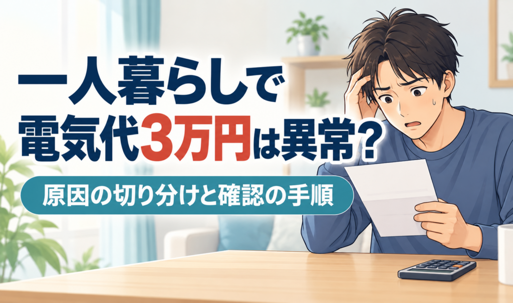 気料金の請求書を見て驚く男性と「一人暮らしで電気代3万円は異常？」の見出しを配置したサムネイル。