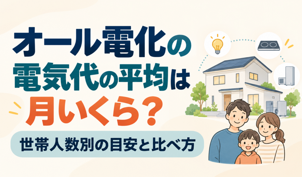 オール電化の住宅と家族を描き、電気代の平均と世帯人数別の目安を紹介するサムネイル