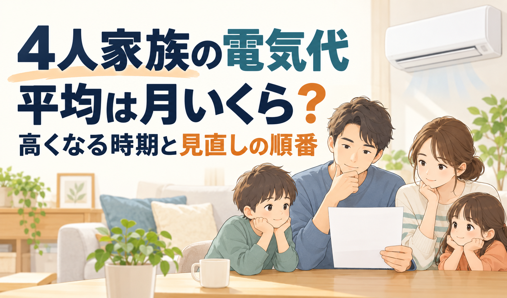 電気代の請求書を確認する4人家族と、月平均・高くなる時期・見直しの順番を示したサムネイル