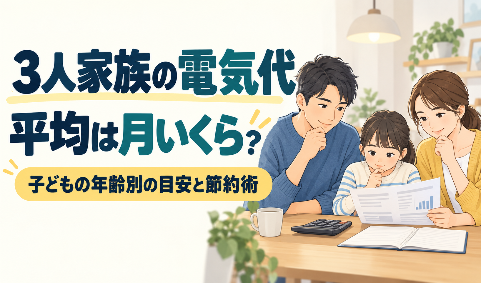 電気代の明細を確認する親子3人と、子どもの年齢別の目安・節約術を案内する見出しのサムネイル。