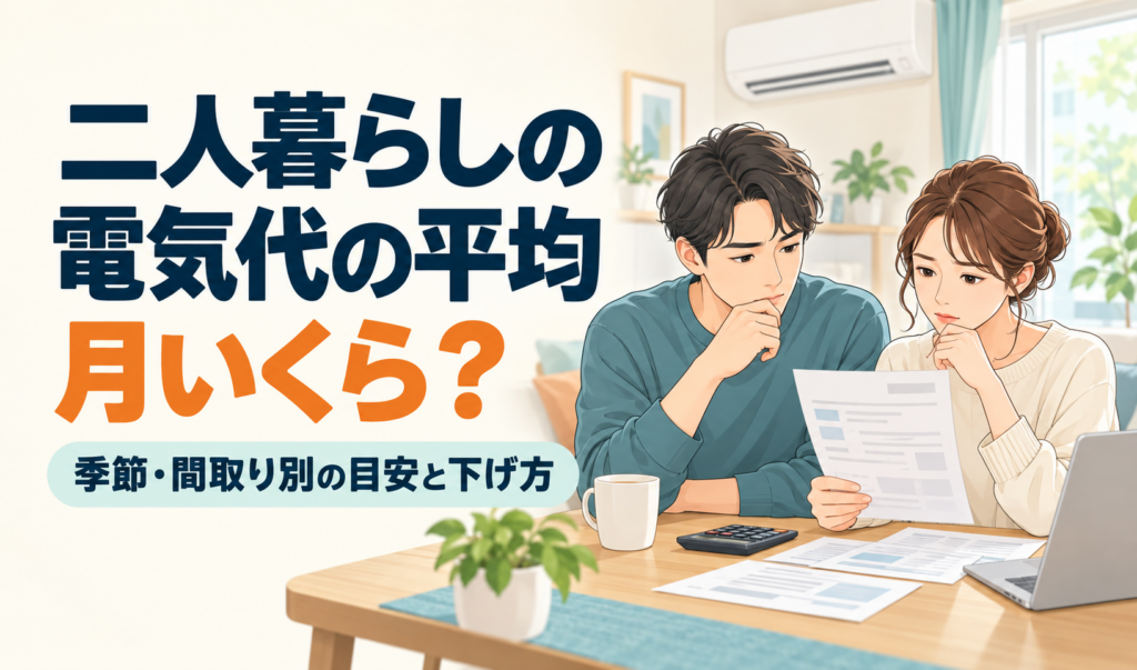 電気の請求書を確認する二人と「二人暮らしの電気代の平均 月いくら？」の見出しを配置したイラスト
