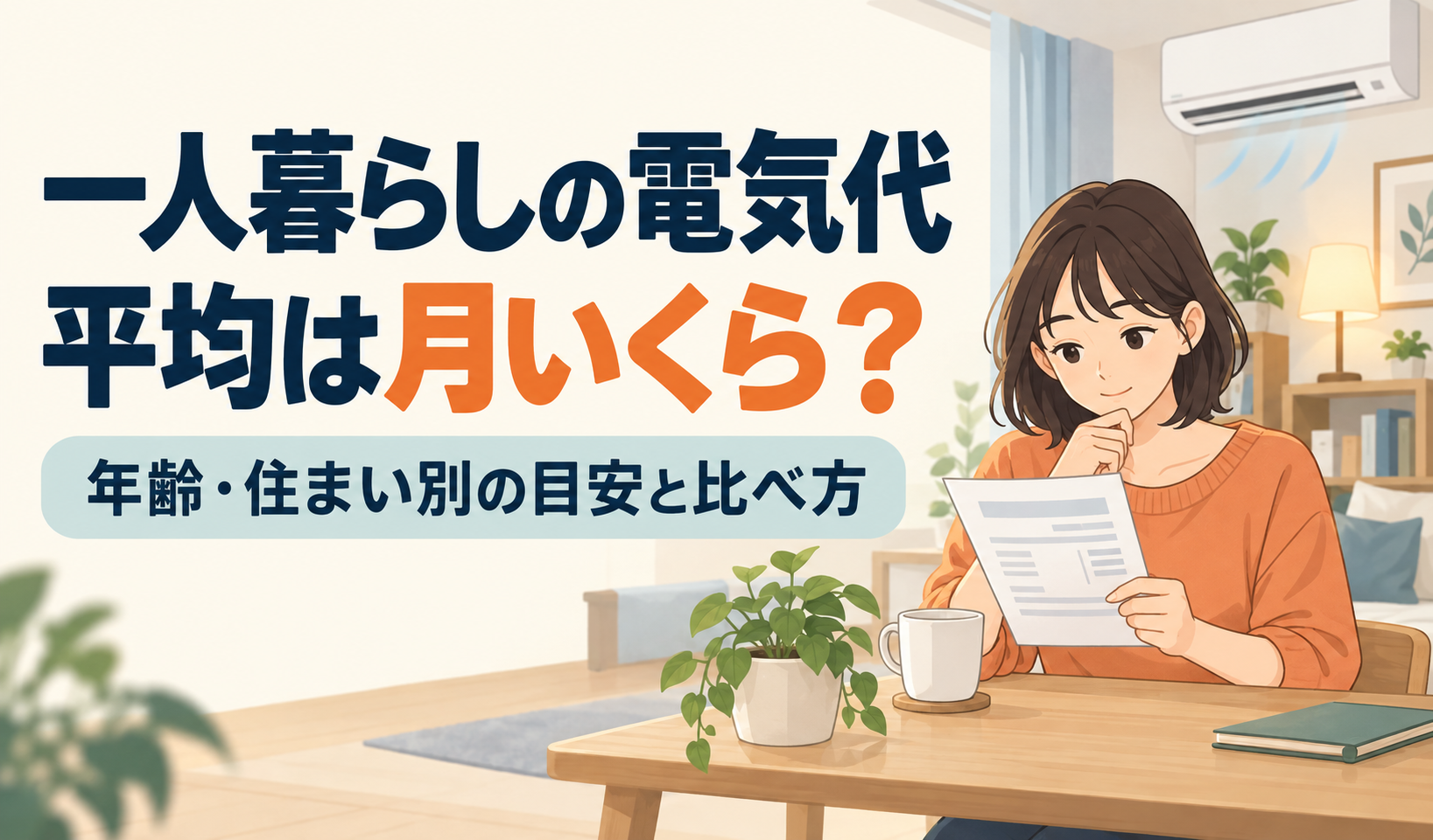 電気料金の明細を確認する一人暮らしの女性と、電気代の平均・年齢や住まい別の比べ方を示したサムネイル。