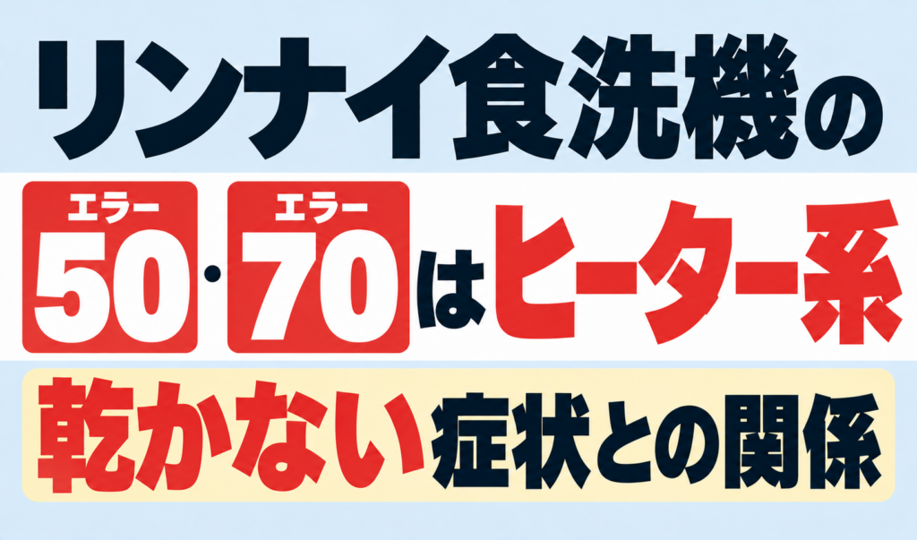 リンナイ食洗機のエラー50・70が示すヒーター系の異常と、食器が乾かない症状との関係を解説するサムネイル