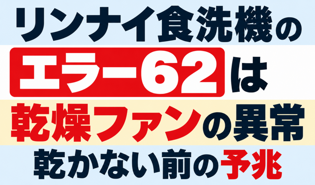 リンナイ食洗機のエラー62が示す乾燥ファンの異常と、食器が乾かなくなる前の予兆を解説するサムネイル