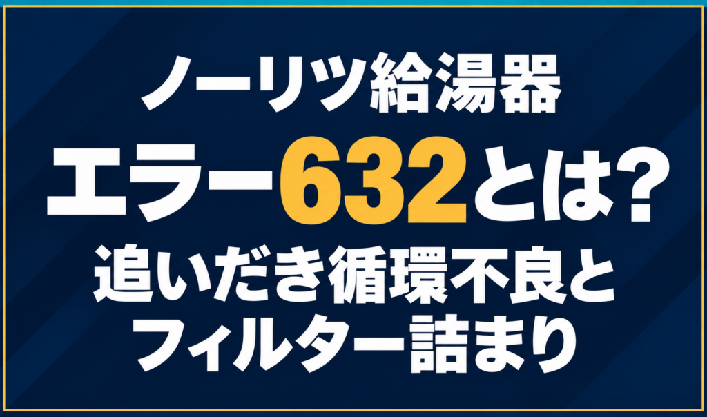 濃紺の背景に「ノーリツ給湯器 エラー632とは？ 追いだき循環不良とフィルター詰まり」と配置し、632を黄色で強調した文字だけのサムネイル