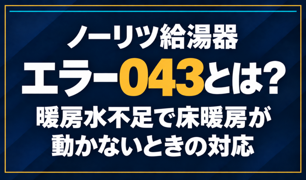 濃紺の背景に「ノーリツ給湯器 エラー043とは？ 暖房水不足で床暖房が動かないときの対応」と配置し、043を黄色で強調した文字だけのサムネイル