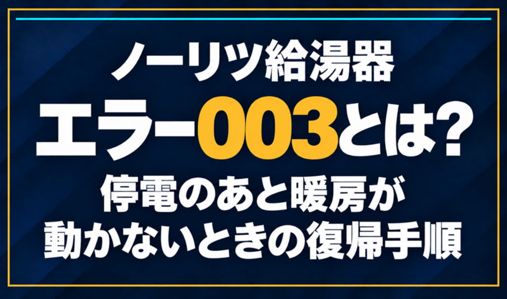 濃紺の背景に「ノーリツ給湯器 エラー003とは？ 停電のあと暖房が動かないときの復帰手順」と配置し、003を黄色で強調した文字だけのサムネイル
