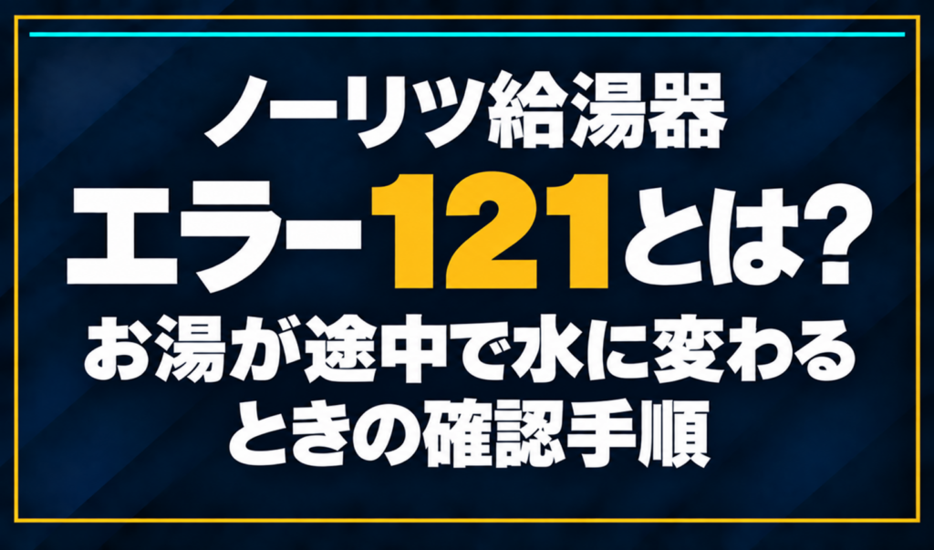 濃紺の背景に「ノーリツ給湯器 エラー121とは？ お湯が途中で水に変わるときの確認手順」と配置し、121を黄色で強調した文字だけのサムネイル