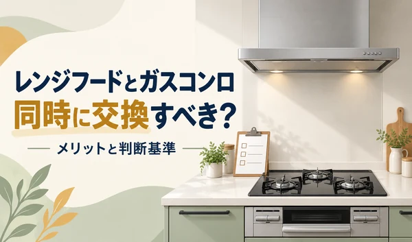 レンジフードと3口のビルトインガスコンロ、交換の判断に使うチェックリストのイラスト