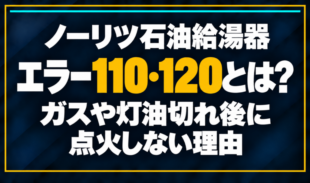 濃紺の背景に「ノーリツ石油給湯器 エラー110・120とは？ ガスや灯油切れ後に点火しない理由」と配置し、110・120を黄色で強調した文字だけのサムネイル