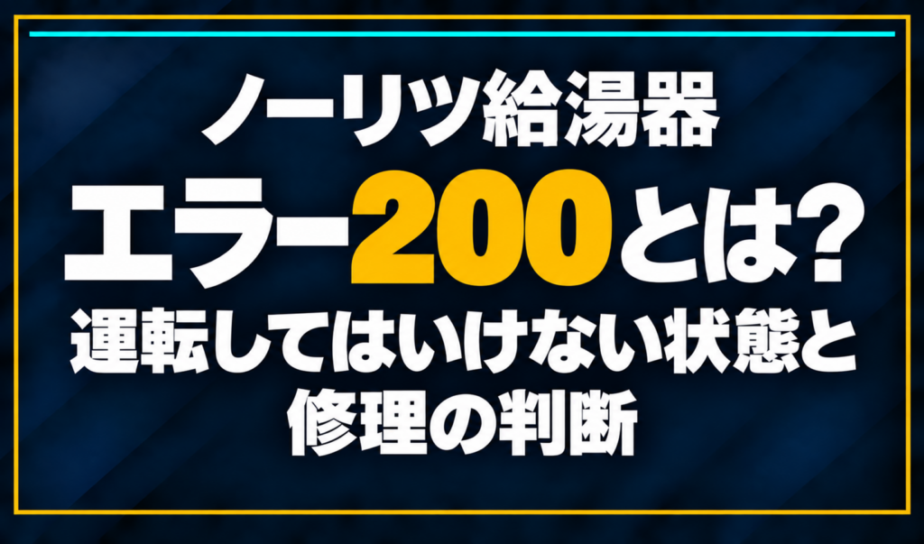 濃紺の背景に「ノーリツ給湯器 エラー200とは？ 運転してはいけない状態と修理の判断」と配置し、200を黄色で強調した文字だけのサムネイル