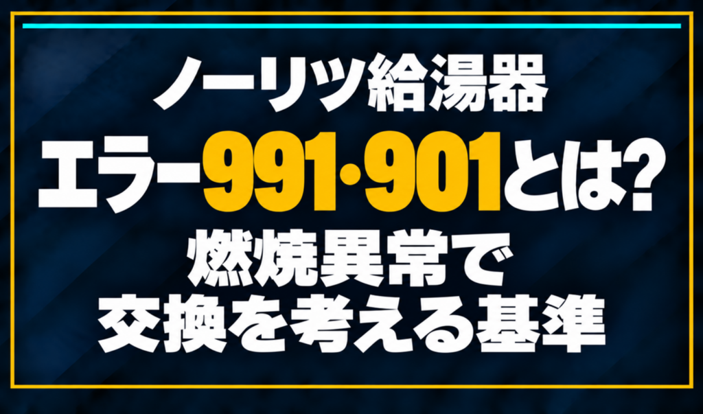 濃紺の背景に「ノーリツ給湯器 エラー991・901とは？ 燃焼異常で交換を考える基準」と配置し、991・901を黄色で強調した文字だけのサムネイル