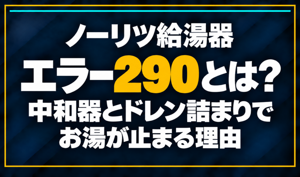 濃紺の背景に「ノーリツ給湯器 エラー290とは？ 中和器とドレン詰まりでお湯が止まる理由」と配置し、290を黄色で強調した文字だけのサムネイル