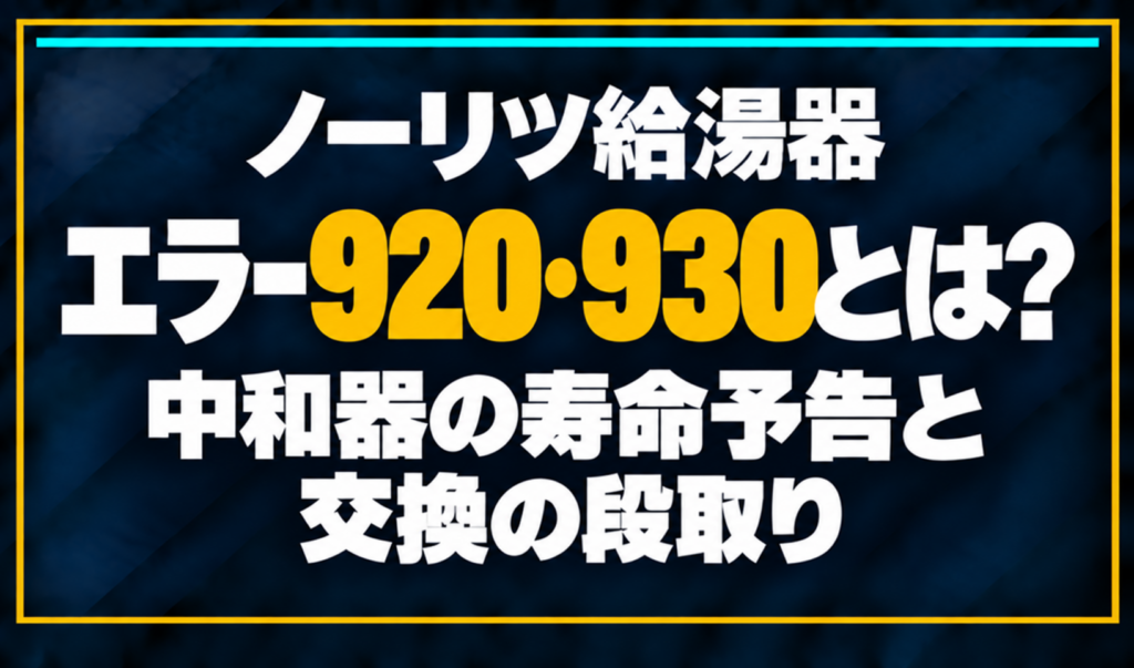濃紺の背景に「ノーリツ給湯器 エラー920・930とは？ 中和器の寿命予告と交換の段取り」と配置し、920・930を黄色で強調した文字だけのサムネイル