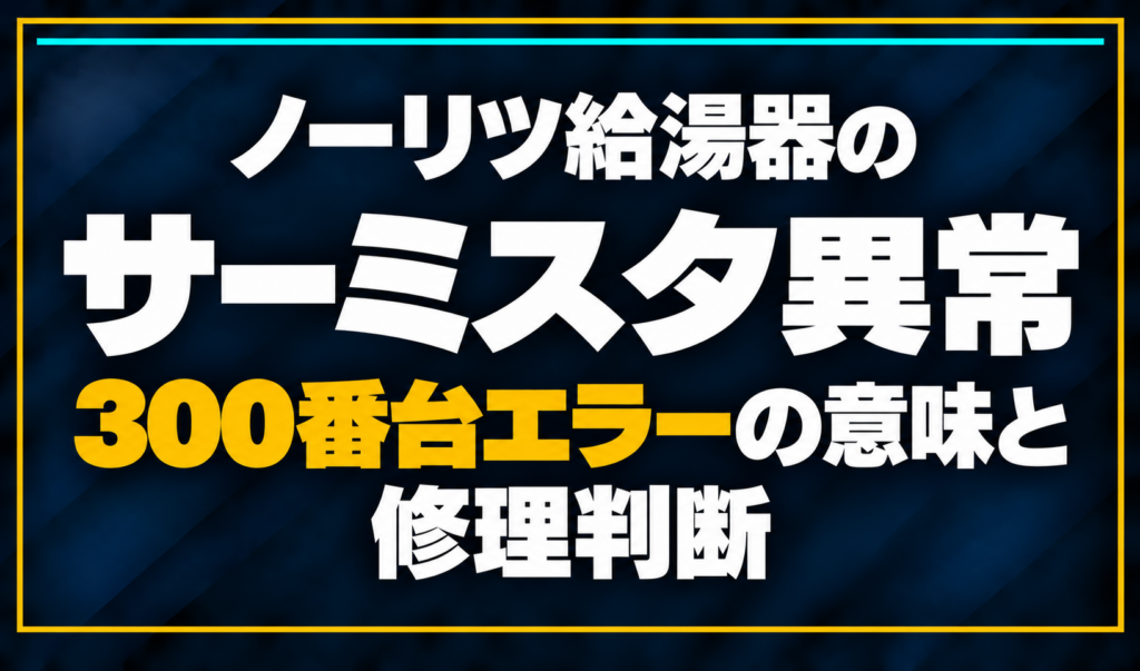 濃紺の背景に「ノーリツ給湯器のサーミスタ異常 300番台エラーの意味と修理判断」と配置し、300番台エラーを黄色で強調した文字だけのサムネイル