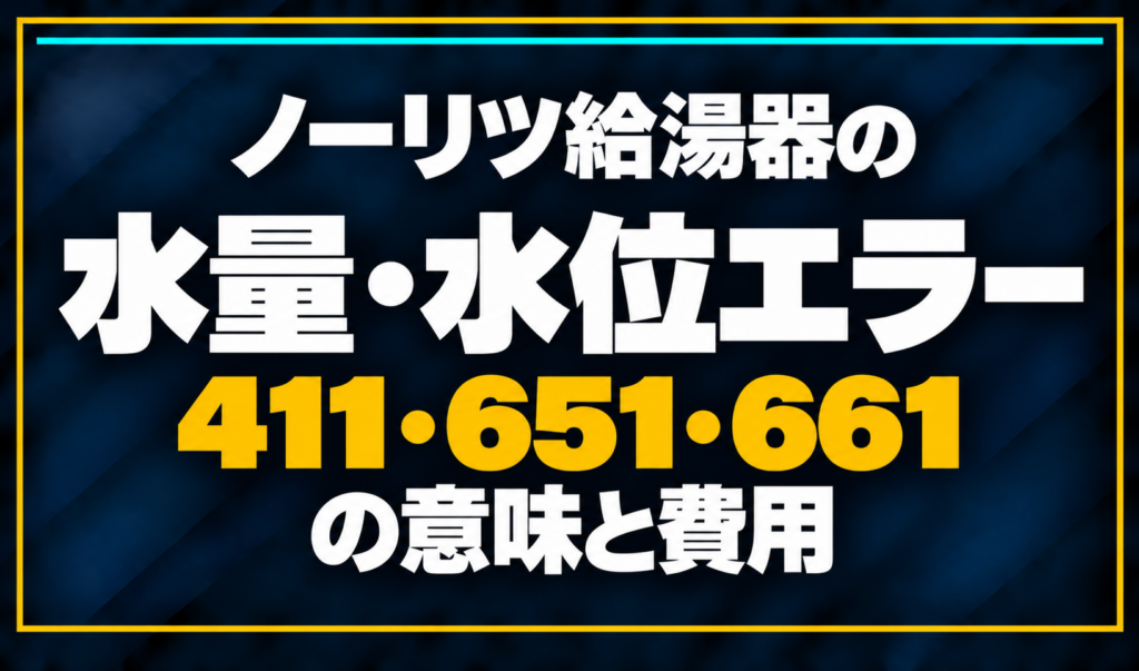 濃紺の背景に「ノーリツ給湯器の水量・水位エラー 411・651・661の意味と費用」と配置し、411・651・661を黄色で強調した文字だけのサムネイル