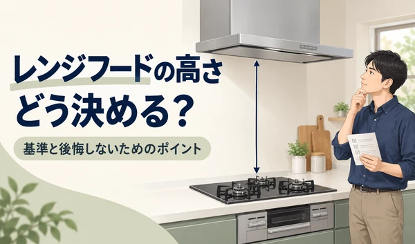 レンジフードとガスコンロの間の高さを矢印で示し、設置位置を検討する男性のイラスト