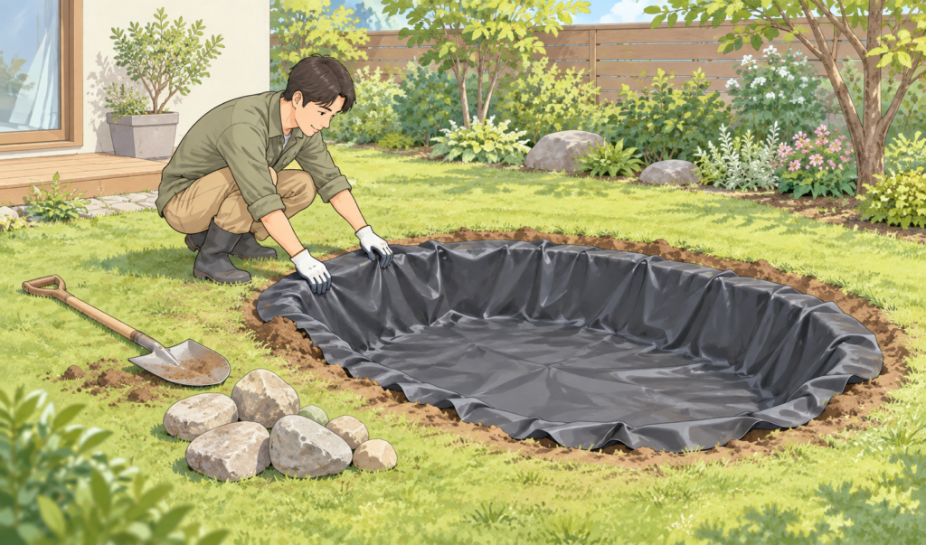 庭に掘った池の穴に防水シートを敷き、手袋をした人物が縁を整えているDIY作業のイラスト