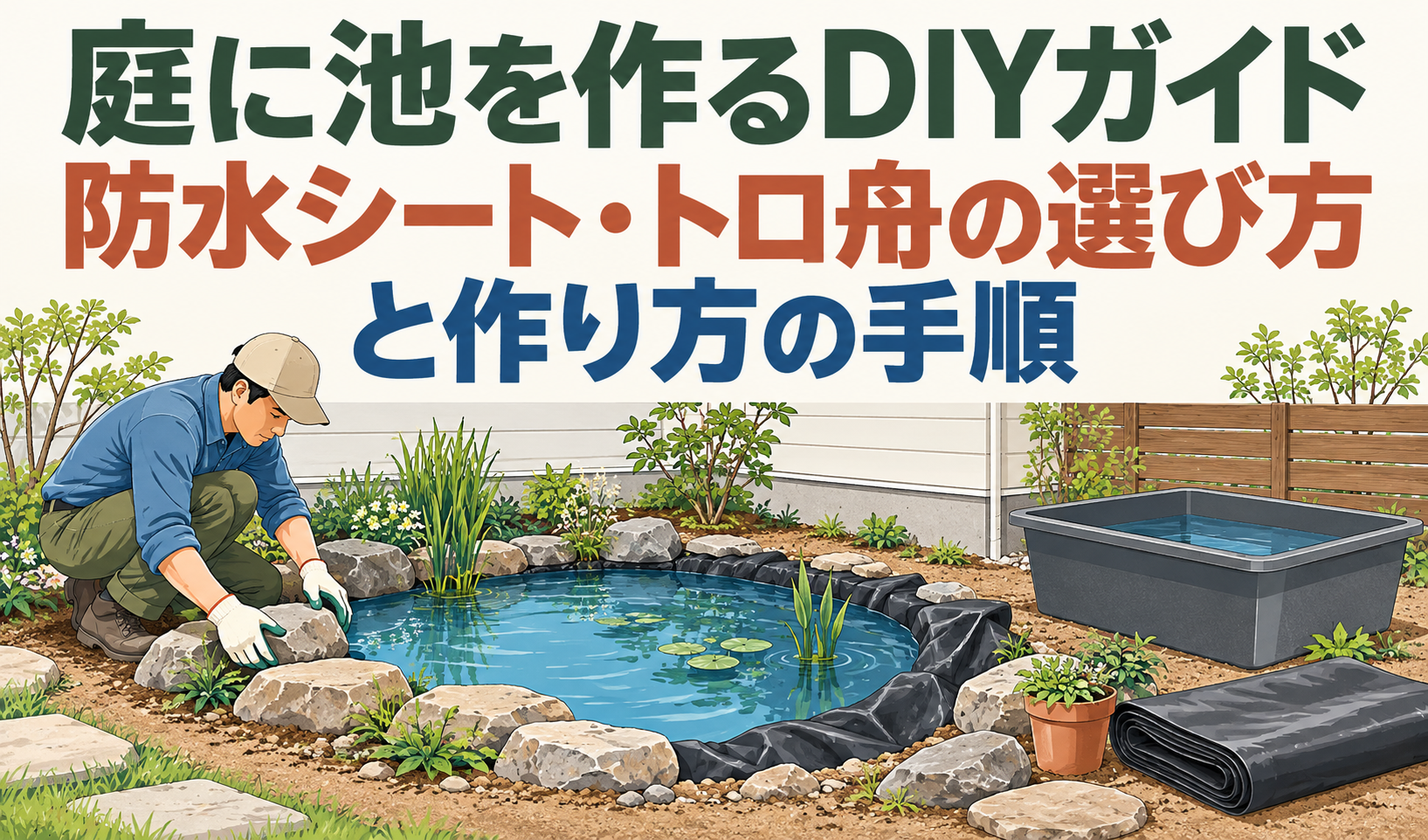庭で池の縁に石を並べる人物と、防水シート・トロ舟を描いたDIYガイドのサムネイル