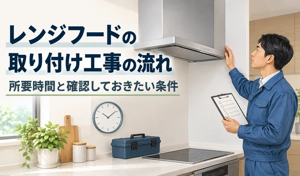 チェックリストを持つ作業員がレンジフードの設置箇所を確認し、時計と工具箱を添えたイラスト