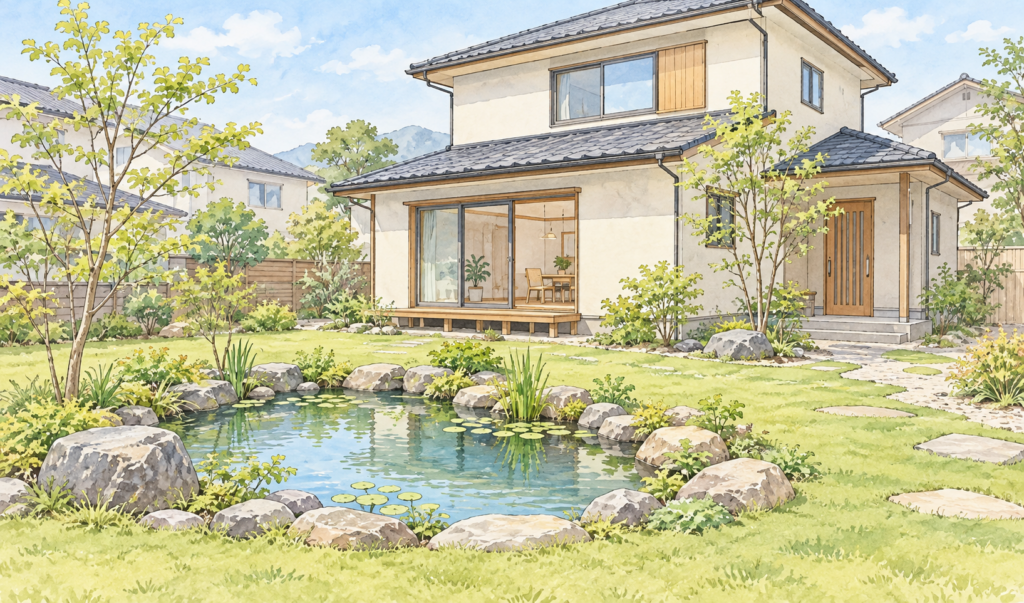 自然石で囲まれた小さな池と、芝生や庭木のある一戸建て住宅のイラスト