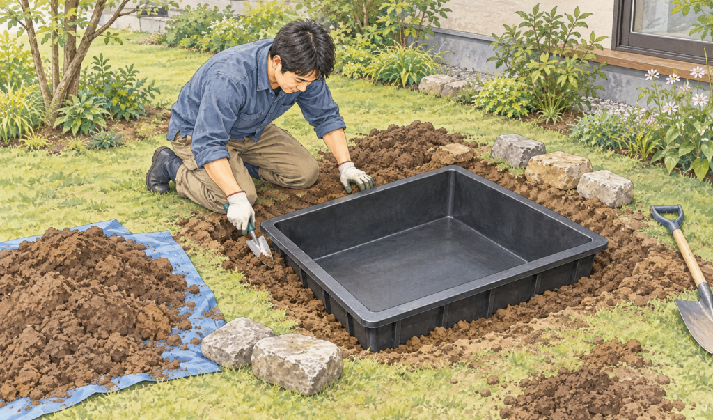 庭に掘った穴へ黒いトロ舟を設置し、周囲の土を整えて池を作っている男性のイラスト