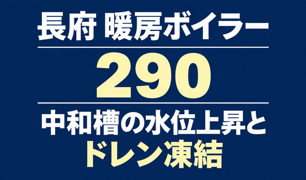 長府の暖房ボイラーのエラー290と、中和槽の水位上昇・ドレン凍結を示す文字のみのサムネイル。