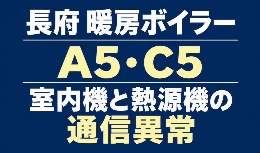 長府の暖房ボイラーのエラーA5・C5と、室内機と熱源機の通信異常を示す文字のみのサムネイル。