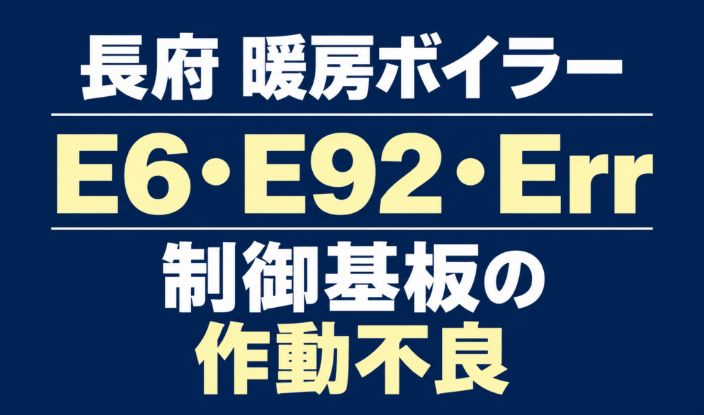 長府の暖房ボイラーのエラーE6・E92・Errと、制御基板の作動不良を示す文字のみのサムネイル。