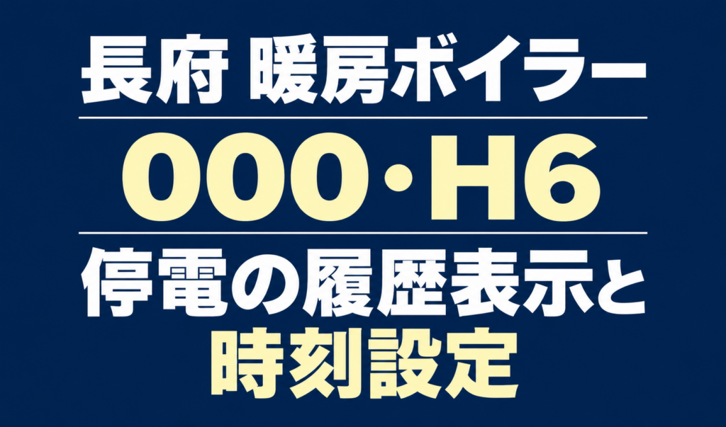 長府の暖房ボイラーの表示000・H6と、停電の履歴表示・時刻設定を案内する文字のみのサムネイル。